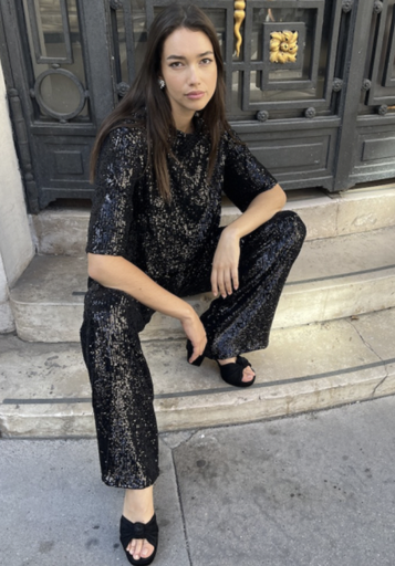 [C02965] MAISON GUILLEMETTE - Ensemble Haut et Pantalon Sequin Noir - T42 - C02965