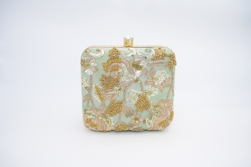[A862] Sac Vert Eau Perles et Sequins Carré - A862
