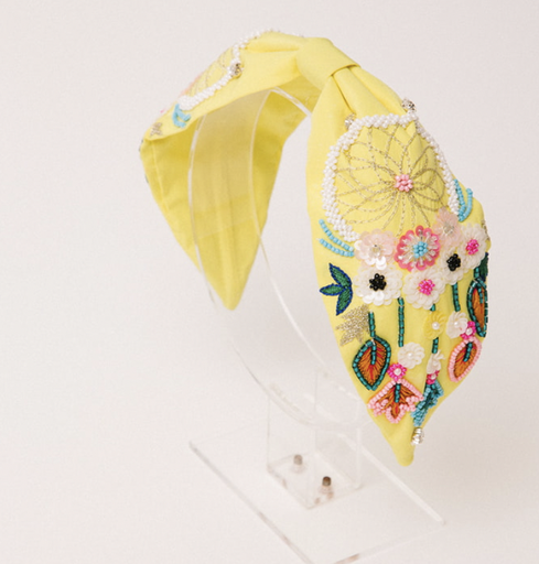 [A868] HEADBAND BANDEAU RIGIDE JAUNE FLEURI PERLES - A868