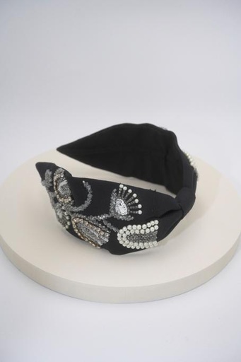 [A877] HEADBAND BANDEAU RIGIDE NOIR ET PERLES ARGENTEES MOTIF VEGETAL - A877